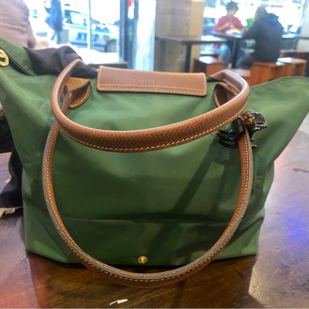 LONGCHAMP Frm ROMANIA GENUINE DEEP GREEN BROWN NYLON LEATHER GORG TOTE Bag LUX - Picture 9 of 13